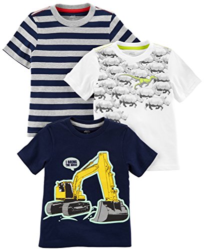 Simple Joys by Carter's Paquete de 3 Playeras de Manga Corta con Gráficos. Infant-and-Toddler-t-Shirts, Excavadora, Rayas, Dinosaurio, 3 años, Pack de 3