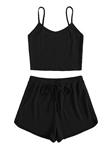 Soly Hux Top corto y corto de 2 piezas para mujer, conjunto de interior con camuflaje y pantalón corto para el hogar, ropa de deporte casual Negro L