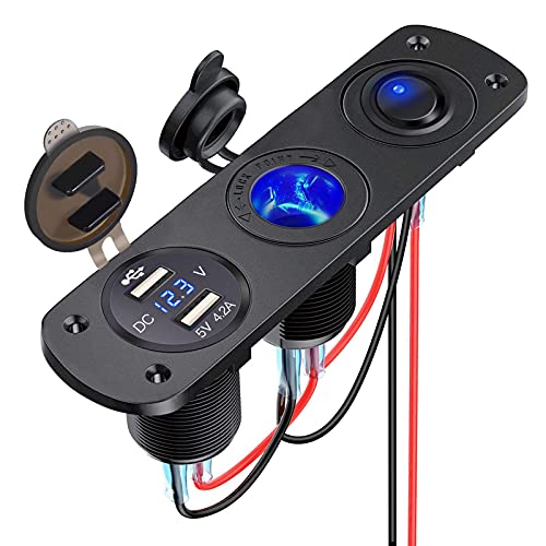 Thlevel USB de Cargador Coche Panel de Enchufes 12V / 24V 36W, Dual USB Cargador con Voltímetro Digital LED y Encendedor de Cigarrillos y LED Azul Interruptor, para Coche, Marina, Barco, Camión