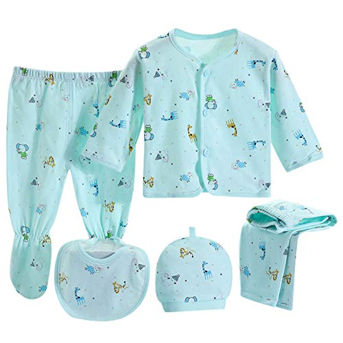 Value Pack Recién Nacido Bebé, LANSKIRT 6PCS Bebé Niña Niño Dibujos Animados Manga Larga Tops + Sombrero + Dos Pantalones + Conjunto de Traje Babero (Azul-03, 0-3 Meses)