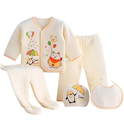 Value Pack Recién Nacido Bebé, LANSKIRT 6PCS Bebé Niña Niño Dibujos Animados Manga Larga Tops + Sombrero + Dos Pantalones + Conjunto de Traje Babero (Amarillo-02, 0-3 Meses)