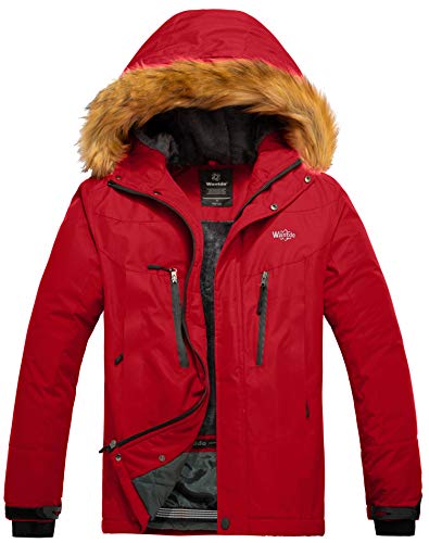 Wantdo Chaqueta de Senderismo Deportiva Invierno Parka Cálida Forro Polar con Capucha Chaqueta de Esquí Antiviento Resistente al Agua Abrigo de Lana para Exteriores para Hombre Rojo Large