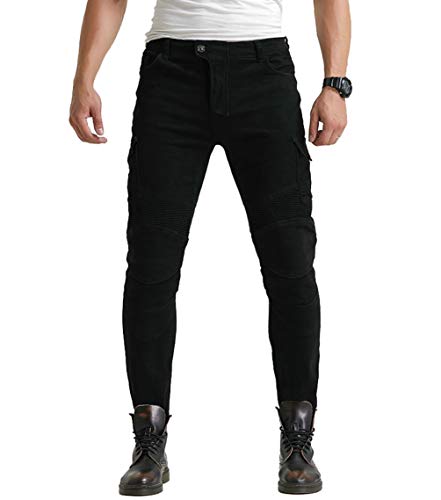 YuanDian Hombre Pantalon Vaquero Moto Jeans de Moto con Protecciones de Rodilla y Cadera Stretch Slim Fit Denim Pantalones Protectores Cargo Recto Pantalones De Motorista Negro 33W / 32L