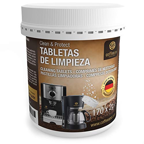 170 pastillas limpiadoras Coffeeano Clean&Protect para cafeteras automáticas y cafeteras. Pastillas limpiadoras aptas para todas las marcas y electrodomésticos. Incluye un libro electrónico