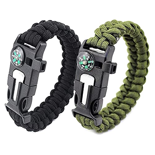 2 Pulseras de Supervivencia al Aire Libre | Pulsera de Supervivencia con Pedernal, Hebilla, Brújula, Cuchillo Salvavidas, Silbato Salvavidas | Adecuado para Actividades al Aire Libre (Negro + Verde)