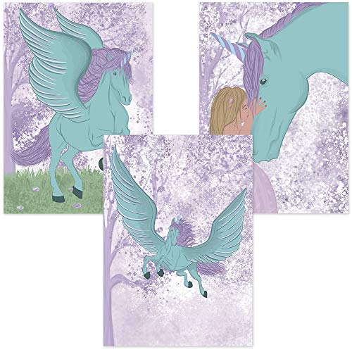 ALLEOVS® - Póster de decoración de habitación de unicornio de niña y Pegaso - Lámina de amigos para pared - Juego de 3 imágenes 21 x 29,7 cm DIN A4 - Decoración de habitación de bebé