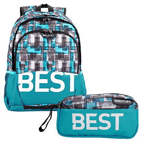 BESTLIFE Mochila y estuche en un set „TASKU“ mochila escolar, para el tiempo libre con compartimento para el portátil hasta 15,6 pulgadas (39,6 cm), azul