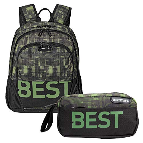 BESTLIFE Mochila y estuche en un set „TASKU“ mochila escolar, para el tiempo libre con compartimento para el portátil hasta 15,6 pulgadas (39,6 cm), negro/verde