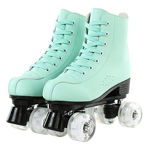 Caseyaria Patines De Rodillo De Cuero Artificial Verde Doble Línea Patines Mujeres Hombres Adulto Dos Líneas Skate Shoes Patines PU Cuero 4 Ruedas Patin,White Wheel,41