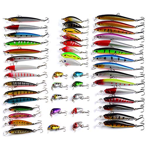 CHAWHO Kit de señuelos de Pesca - 48 Pcs Kits de señuelos, Cebos Artificiales de Pesca,Juego de señuelos de Pesca Cebo con Gancho Accesorios #058