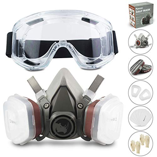 Facial Cubierta RS Antipolvo Reutilizable con Gafas, Guantes y 6 Filtros de Protección de Partículas para Pintura, Industria, Gas, Carpintería, Vapor y más