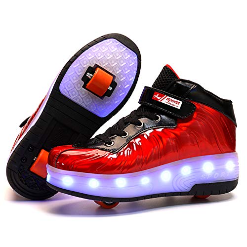 FR&RF Rodillo de los niños Dos Ruedas Luminoso Que Brilla Zapatillas de Deporte del patín de luz LED Zapatos Zapatos para niños Muchachas de los Muchachos de Carga USB Zapatos con Ruedas,Rojo,31