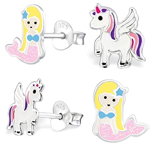 Goldene Hufeisen – Juego de pendientes, 2 pares, pegaso y unicornio + purpurina, sirena, plata auténtica de 925, para niñas y niños, color azul, lila, blanco