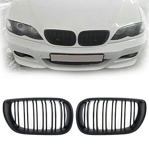 Grill Front Matte Grille Reemplazo Renal Parachoques Delantero Parrilla Doble Listón Rejillas Fit For BMW Serie 3 E46 4DR 2002-2005 Matt Negro, Riñón Delantero Parrilla