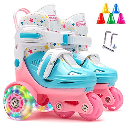 HAOXU Kids Quad Roller Skate Roller Patines de Rodillo de 3 Puntos Zapatos de Rodillo para niñas con tamaño Ajustable Doble Frenos Luminosas Ruedas