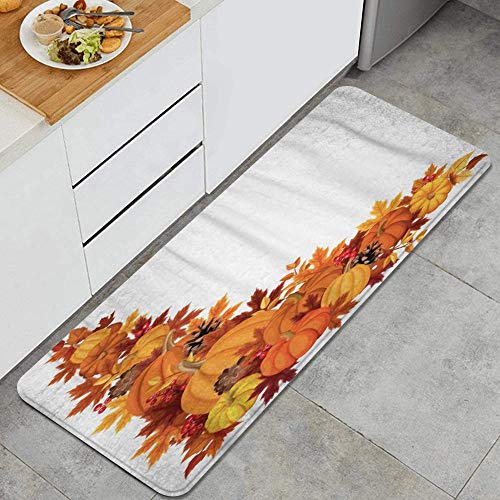 HARXISE Alfombras para Cocina de Cocina Absorbente Alfombrilla，Esquina de Acción de Gracias con Calabazas y Hojas de otoño Borde Colorido Hoja de otoño Calabaza Temporada de noviembre，Antideslizantes