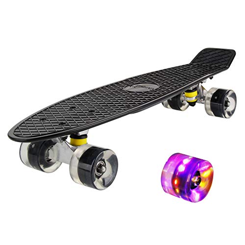 hausmelo Monopatín mini Cruiser retro para principiantes, niños, jóvenes y adultos, 57 x 16 cm, con rodamientos ABEC-7, ruedas LED de poliuretano, herramienta T (negro)