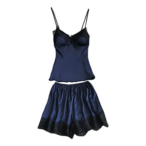 JOYKK Conjunto de lencería Sexy de satén para Mujer Camisa con Relleno Acolchada Pantalones Cortos relajados Pestañas Encaje Patchwork Color sólido Babydoll Ropa de Dormir - Azul Marino - M