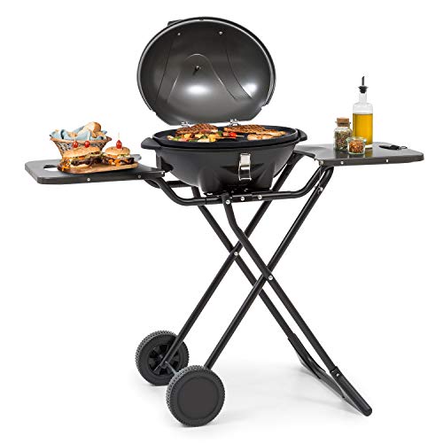 KLARSTEIN Tafelspitz Parrilla eléctrica - Grill con Tapa y Soporte, 1600 W, Plegable, Termómetro, Antiadherente, Placa para cocinar: 44 x 34 cm, Mesas Laterales, 2 Ruedecillas, Negro