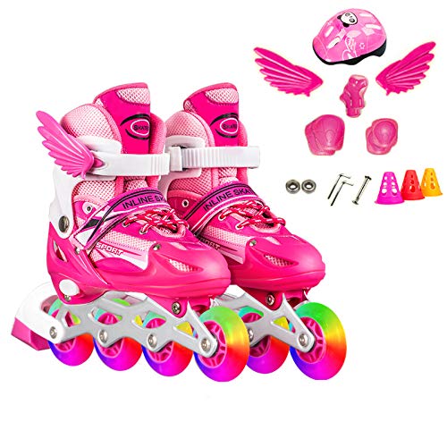 Klzzuk Patines en Línea Intermitentes con Ruedas LED Iluminadas, Patines de Ruedas Ajustables con Equipo de Protección Completo, Inline Skates para Niños, Niñas y Adultos (EU27~32,Rosa)