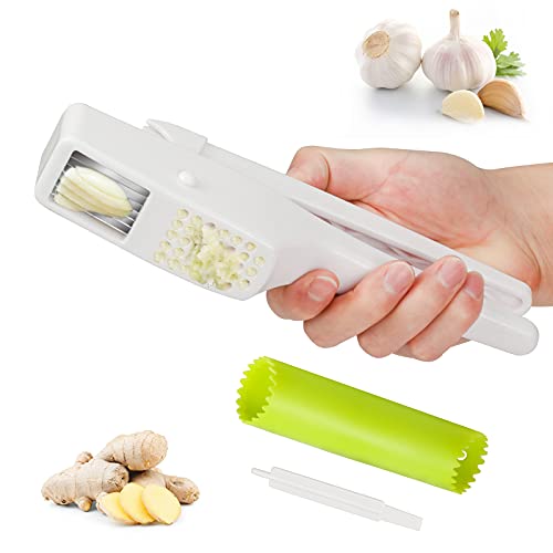 LAMEK 2 en 1 Cortador de Ajos Acero Inoxidable Prensa de Ajo Profesional Garlic Press Rebanadora de Ajo con Pelador de Ajo de Silicona Machacador de Ajos Picadora apto para Jengibre Cocina