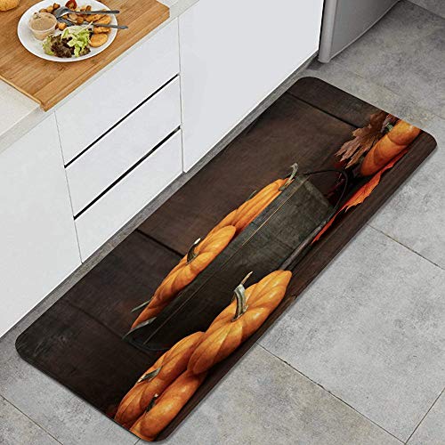 LISNIANY Alfombras para Cocina de Cocina Absorbente Alfombrilla，Calabazas pequeñas Naranjas Cubo de Madera en la Mesa Cultivo Alimentos Bebidas Otoño Vacaciones Rojo Noviembre Acción de Gracias