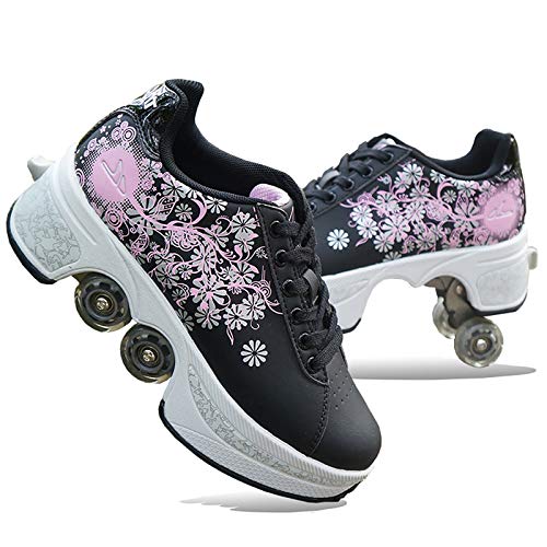 LT&NT Multi-Funcional Zapatos Kick Rollers,Doble-Rueda De Fila Patines,Retráctil Mujeres's Zapatillas De Moda,Zapatos Parkour para Principiantes-A 39