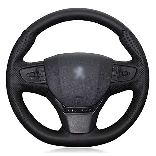 MPOQZI Cubierta de Volante de Coche de Cuero Negro Cosida a Mano, Apta para Citroen C3 C3-XR 2015-2019 C4 2016-2019 Peugeot 408 2014-2019 Traveller 2016-2019