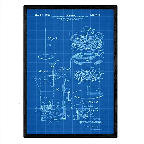 Nacnic Poster con patente de Cafetera 3. Lámina con diseño de patente antigua en tamaño A3 y con fondo azul