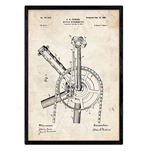 Nacnic Poster con patente de Dinamo para bicicleta. Lámina con diseño de patente antigua en tamaño A3 y con fondo vintage