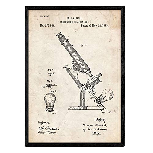 Nacnic Poster con patente de Microscopio con luz. Lámina con diseño de patente antigua en tamaño A3 y con fondo vintage
