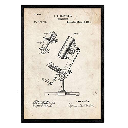 Nacnic Poster con patente de Microscopio. Lámina con diseño de patente antigua en tamaño A3 y con fondo vintage