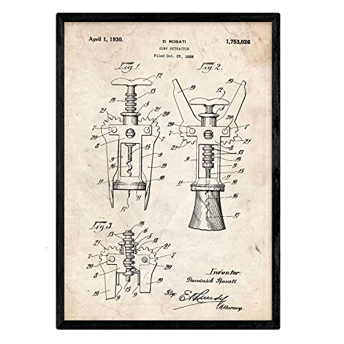 Nacnic Poster con patente de Sacacorchos. Lámina con diseño de patente antigua en tamaño A3 y con fondo vintage
