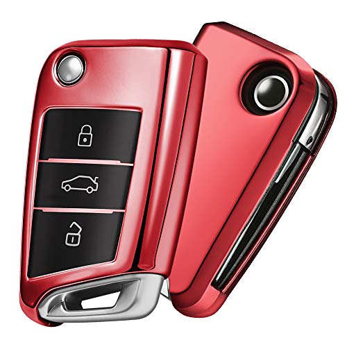 OATSBASF Funda para Llave VW, Funda Llave VW Golf 7-3 Botones para Coche VW MK7 Seat Skoda Carcasa de Llaves TPU (Rojo)