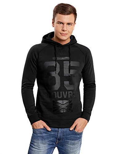 oodji Ultra Hombre Sudadera con Estampado e Inscripción, Negro, ES 46-48 / S