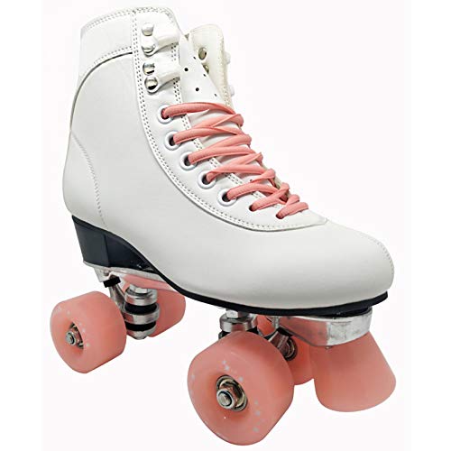 Patines de cuatro ruedas para mujer de doble fila retro de cuero patines de alta velocidad para adultos 4 ruedas zapatos de patín de dos líneas (color: rosa, tamaño: 40)