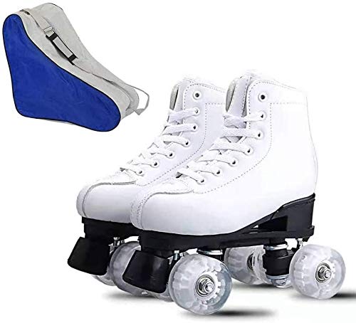 Patines de ruedas clásicos unisex de piel sintética para mujer, patines de cuatro ruedas brillantes, para adultos, con bolsa de zapatos (blanco, sin flash redondo, EE.UU.7)