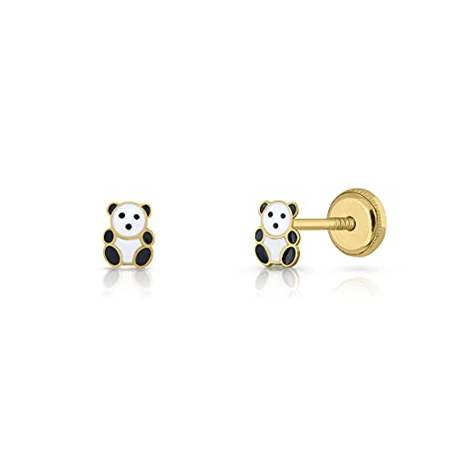 Pendientes oro 18k, bebe niña o mujer, modelo oso panda esmaltado a mano de calidad. Medida de la joya 5 x6 mm.Con cierre de máxima seguridad a rosca.