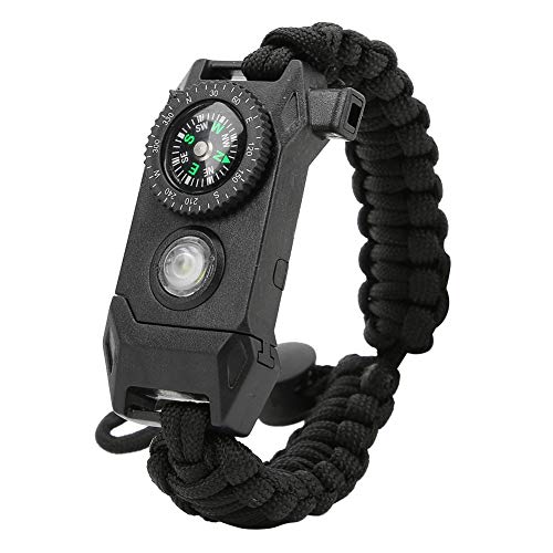 Pulsera de Emergencia Paracord Emergencia Aire Libre 6en1, Incluye Linterna Led SOS, Brújula, Pedernal, Silbato de Rescate y Cuchillo Supervivencia