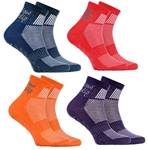 Rainbow Socks - Niño Niña Deporte Calcetines Antideslizantes ABS de Algodón - 4 Pares - Jeans Violeta Naranja Rojo - Talla 30-35