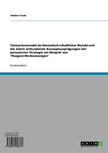 Textsortenwandel als thematisch-inhaltlicher Wandel und die damit verbundenen Konzeptausprägungen der persuasiven Strategie am Beispiel von 'Peugeot-Werbeanzeigen' (German Edition)