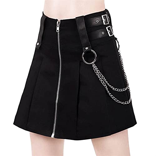 Verano Alta Cintura Corta Falda Mujer Cremallera Hierro Cadena Punk Mujeres Sexy Faldas PU Cuero Cinturón Gótico Señora A-Line Falds Comfortable (Color : Black, Size : S.)