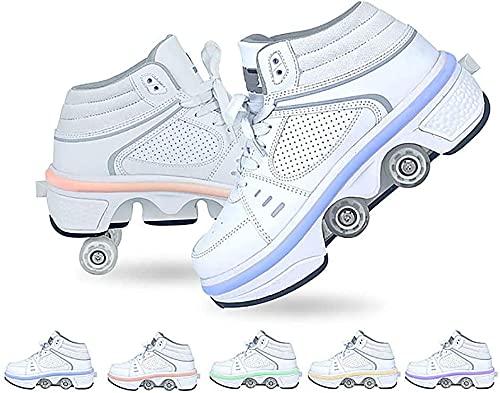 WSZMD Patines Junior: Una Segunda Deformación, Puede Caminar Y Patines De Rodillos Recargables con Luces LED,White-39.5