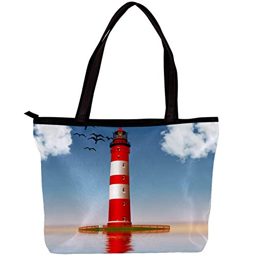 Xingruyun Bolsa de Tela de Sarga Reutilizable Asas Largas Para Ropa Manualidades Alimentos Verduras ir de Paseo y Uso Diario Playa del faro del mar 30x10.5x39cm