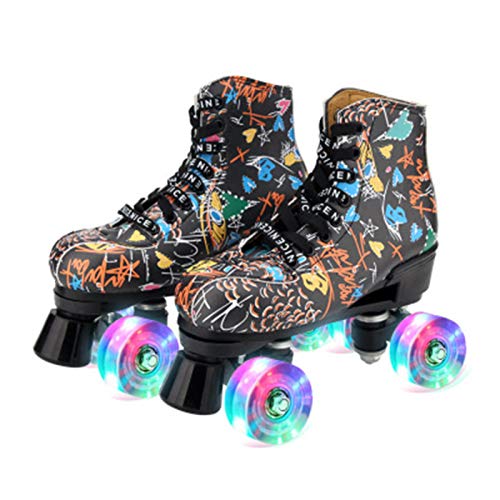 YHZQ 2020 Nuevos Patines De Figura para Jóvenes Unisex, Rueda Intermitente De Colores Patines De Doble Fila Resistentes Al Desgaste Patines Estampados para Niños Y Adultos-black-EU38