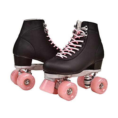 Zapatos Patines Adulto Mujeres al Aire Libre de la PU de 4 Ruedas de Patines de línea Doble de Derby del Rodillo señora Patines Patines (Color : Pink Wheels, Size : US/5)