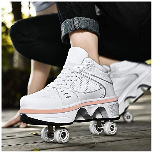 ZHANGYY Patines De Ruedas para Mujer, 4 Ruedas Ajustables, Patines De Cuatro Ruedas, Zapatos Multiusos 2 En 1, Zapatos Universales para Caminar para Niños Y Niñas,White-41