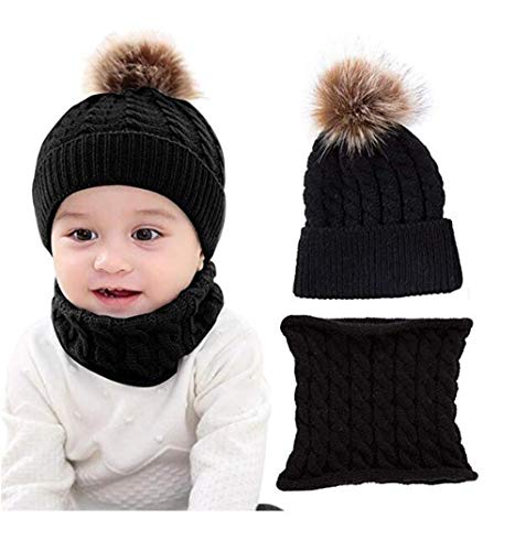 2 unids bebé niños niñas Invierno Sombrero Bufanda Conjunto Infantil recién Nacido bebé Knit Beanie Cap Ski Hat + Bufanda con Pom Pom Ball (Color : Black, Size : 0-24M)