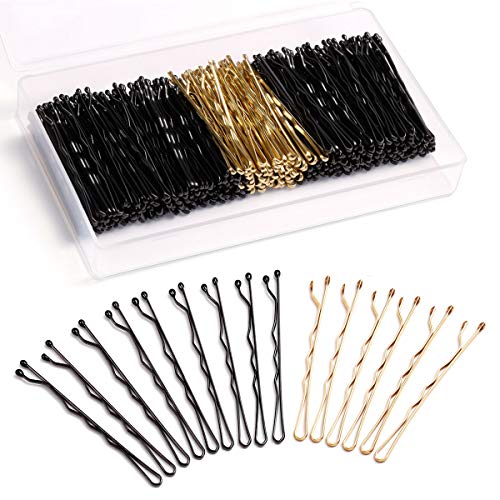 250pcs horquillas, bobby pins horquillas onduladas con caja portátil para mujeres niñas (rubia, negra)