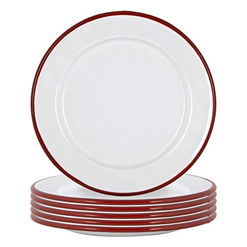 Argon Tableware Placas de esmalte blanco laterales - Acero al aire libre camping Vajilla Vajilla - 20cm - Rojo - Paquete de 12